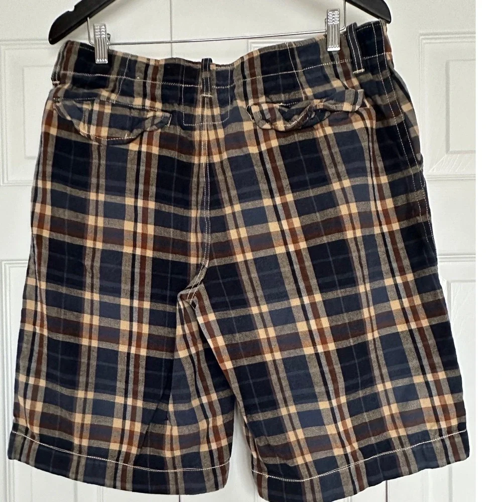 Vintage Plaid Mens Navy Blue Tan Brown Check Cotton Shorts Size 36 Heavy Washed